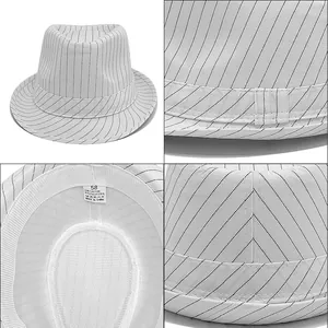 Vista detallada de un sombrero de jazz de rayas con la textura y etiqueta de talla