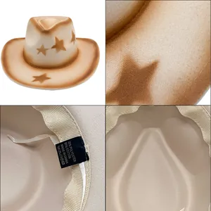 Vue détaillée du chapeau de cowboy occidental avec motif étoilé et étiquette d'entretien