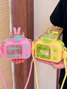 Adorable dopamine-style camera-shaped water bottles for kids with straw and strap