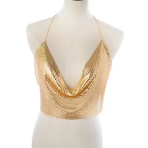 Sparkling gold sequin metal mesh halter crop top for women's glamorous party evening wear