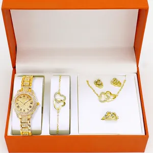Lussuoso Set Orologio e Gioielli da Donna in Lega Strass Orologio al Quarzo Collana a Cuore Bracciale Orecchini Anello Regalo