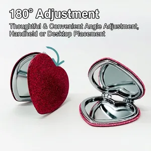 Portable heart-shaped folding makeup mirror with shiny pink glitter PU leather cover