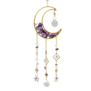 Handmade suncatcher wind chime with natural purple amethyst and crystal moon pendant.