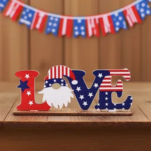 Detail view of Independence Day wooden 'LOVE' ornament featuring a patriotic gnome design