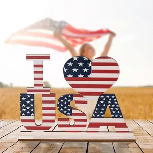 Wooden I Love USA Independence Day desk ornament with patriotic flag pattern detail