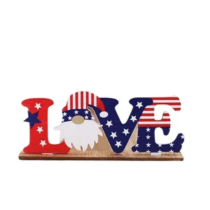 American Independence Day patriotic LOVE wooden gnome sign for tabletop decoration