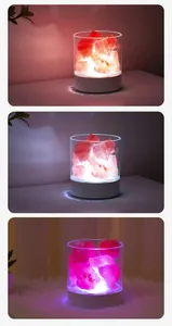 Cylindrical Himalayan salt lamp with multi-color LED modes in a cozy room setting
