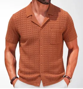 Macro detail of men's rust brown jacquard knit Cuban collar polo shirt with chest pocket