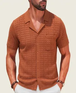 Detailed macro view of men's knitted Cuban collar polo shirt in a burnt orange finish.