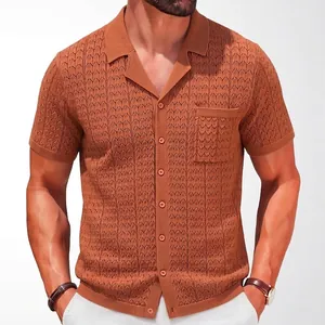 Men Summer Cuban Collar Jacquard Knitted Polo Shirt Short Sleeve Button Down Cardigan With Patch Pocket Casual Viscose Knit Top