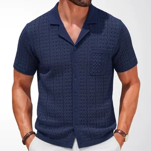 Men's navy blue short sleeve jacquard knit polo shirt with Cuban collar and pocket detail