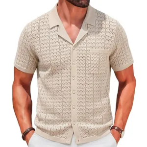 Men's summer short sleeve Cuban collar jacquard knit cardigan Polo shirt with pocket