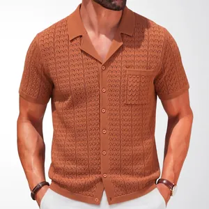 Men's brown jacquard knit polo shirt with Cuban collar and chest pocket