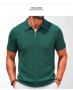 Front view of green knitted men's Polo shirt with half-zip detail and ribbed texture