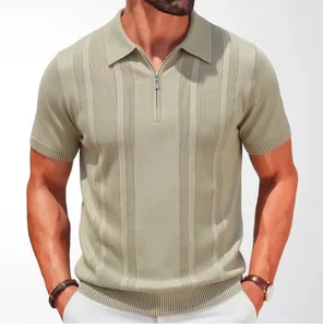 Close-up of sage green men's half-zip knitted Polo shirt with textured vertical stripes