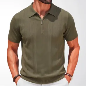 Close-up of men's olive green knitted polo shirt with quarter-zip and vertical texture