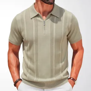 Premium men's sage green knitted polo shirt featuring half-zip and vertical texture