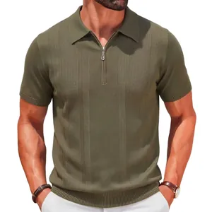 Slim fit men's olive green knitted polo shirt featuring a half-zip and vertical stripes