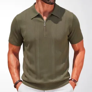 Polo en maille vert olive ajusté pour homme avec demi-fermeture éclair texturée