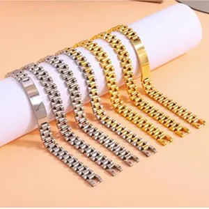 Detail view of gold and silver plated stainless steel watch-style link bracelets.