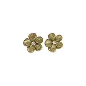 Elegante vintage olijfgroene bloem oorknoppen met een sprankelend kristal in het midden