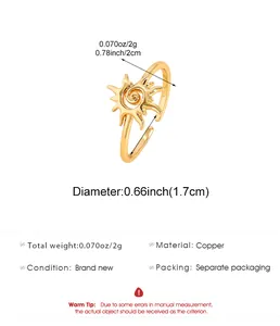Adjustable gold-plated copper sun swirl ring featuring detailed dimensions and weight info