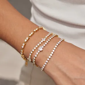 Luxury 18K Gold Plated Stainless Steel Tennis Bracelet Stackable Rhinestone Geometric Chain Jewelry For Women