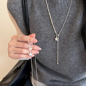 Collar para Mujer Estilo Coreano Plateado Mate Colgante de Estrella Elegante Cadena para Suéter con Perla Artificial Joyería Moda