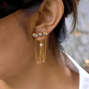 Detailed view of elegant gold-plated titanium steel earrings with zircon tassels