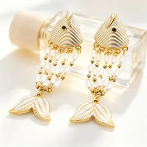 Exotic gold-plated enamel fish tassel earrings featuring white pearls for women