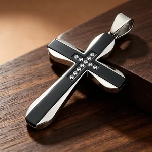 Men's Stainless Steel Hip Hop Rock Cross Pendant Rhinestone Inlaid Double Layer Color Contrast Engravable Religious Jewelry Pendant Only