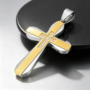 Two-tone silver and gold stainless steel cross pendant for men with cubic zirconia stones