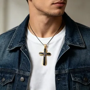 Hip-hop stainless steel cross pendant with gold plating and cubic zirconia