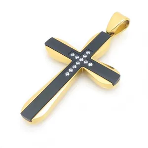 Stylish two-tone iced out cross pendant in gold and black stainless steel for men