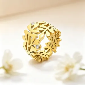 Bague vintage de 17 mm en acier inoxydable doré avec motif feuille d'olivier évidé