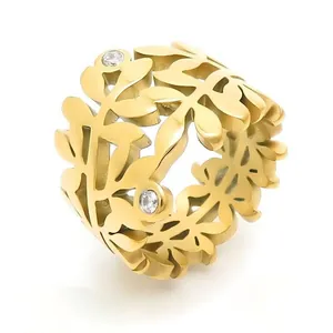 Bague vintage française 17mm large à feuilles d'olivier ajourées en acier inoxydable doré