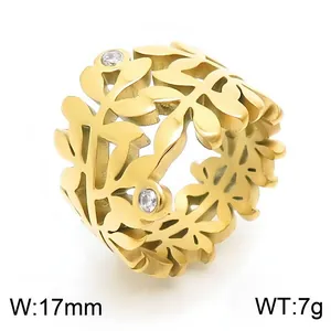Bague vintage française 17mm large feuille d'olivier évidée avec cristaux or