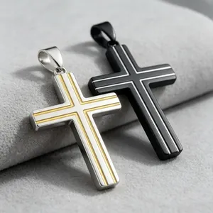 Moderne Kreuzanhänger aus Edelstahl mit doppelten Rillen in Silber und Schwarz