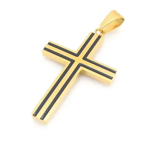 Goldfarbener Edelstahl Kreuzanhänger mit schwarzem Emaille-Inlay für Herren.