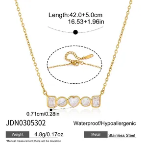 Detailed view and specifications of a gold stainless steel necklace with zirconia charms.