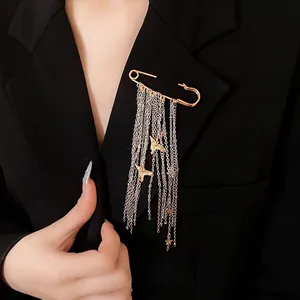 Fashion Alloy Tassel Chain Brooch For Women Gold Silver Star Peace Dove Pendant Safety Pin Clothing Accessories Jewelry Gift