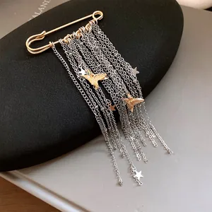 Macro view of a stylish tassel brooch with silver chains, stars, and golden dove charms