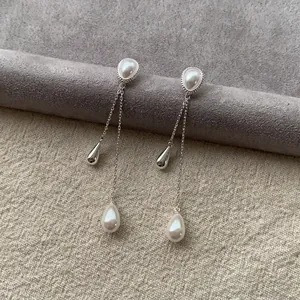 French Vintage Silver Earring Post Artificial Pearl Waterdrop Tassel Dangle Stud Earrings Elegant Lightweight Jewelry For Women