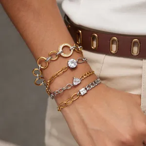 Détail des bracelets en acier titane bicolore or et argent avec pierres de zircon cubique