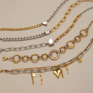 Bracelets premium bicolores en acier inoxydable avec zircons étincelants et charms coeur