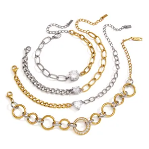 Bracelets en acier titane bicolore or et argent avec pierres en zircon pour femmes