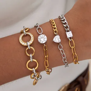 Bracelet Chaîne en Acier Inoxydable Bicolore avec Strass pour Femmes Mode Or Argent Mélangé Bijoux Commuteur pour Femmes