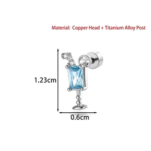 Summer cocktail glass stud earring with blue gemstone and titanium alloy post