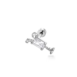Elegant summer cocktail glass stud earring featuring clear rectangular crystal accents