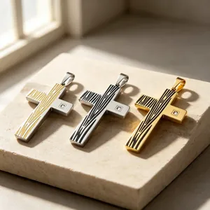 Retro Houtnerf Roestvrij Stalen Kruis Hanger Voor Heren Strass Versierde Gepreegde Emaille Religieuze Hanger Sieraden Cadeau